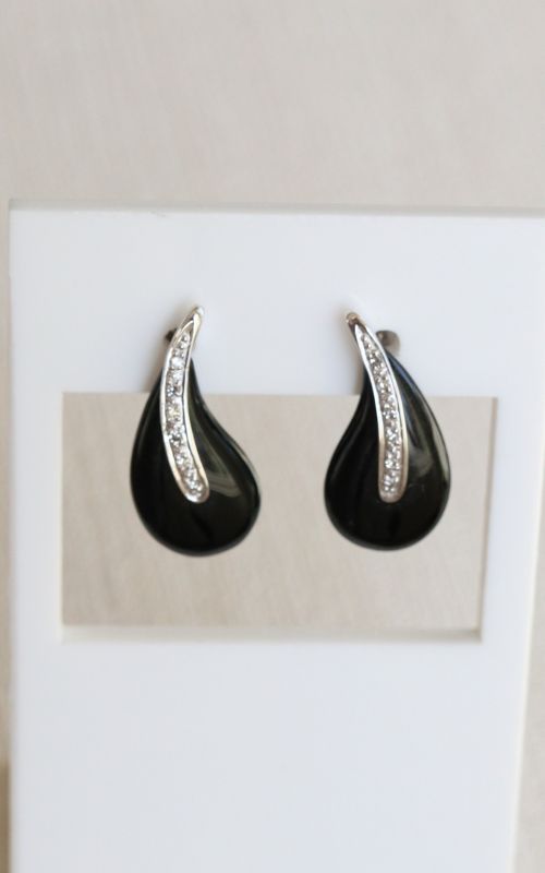 white gold black onyx and diamond drop earrings - Carathea jewellers
