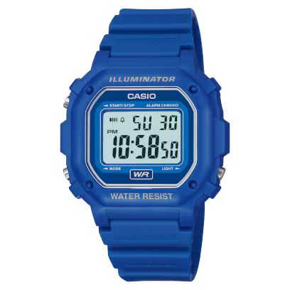 Casio blue digital watch with alarm and backlight.
