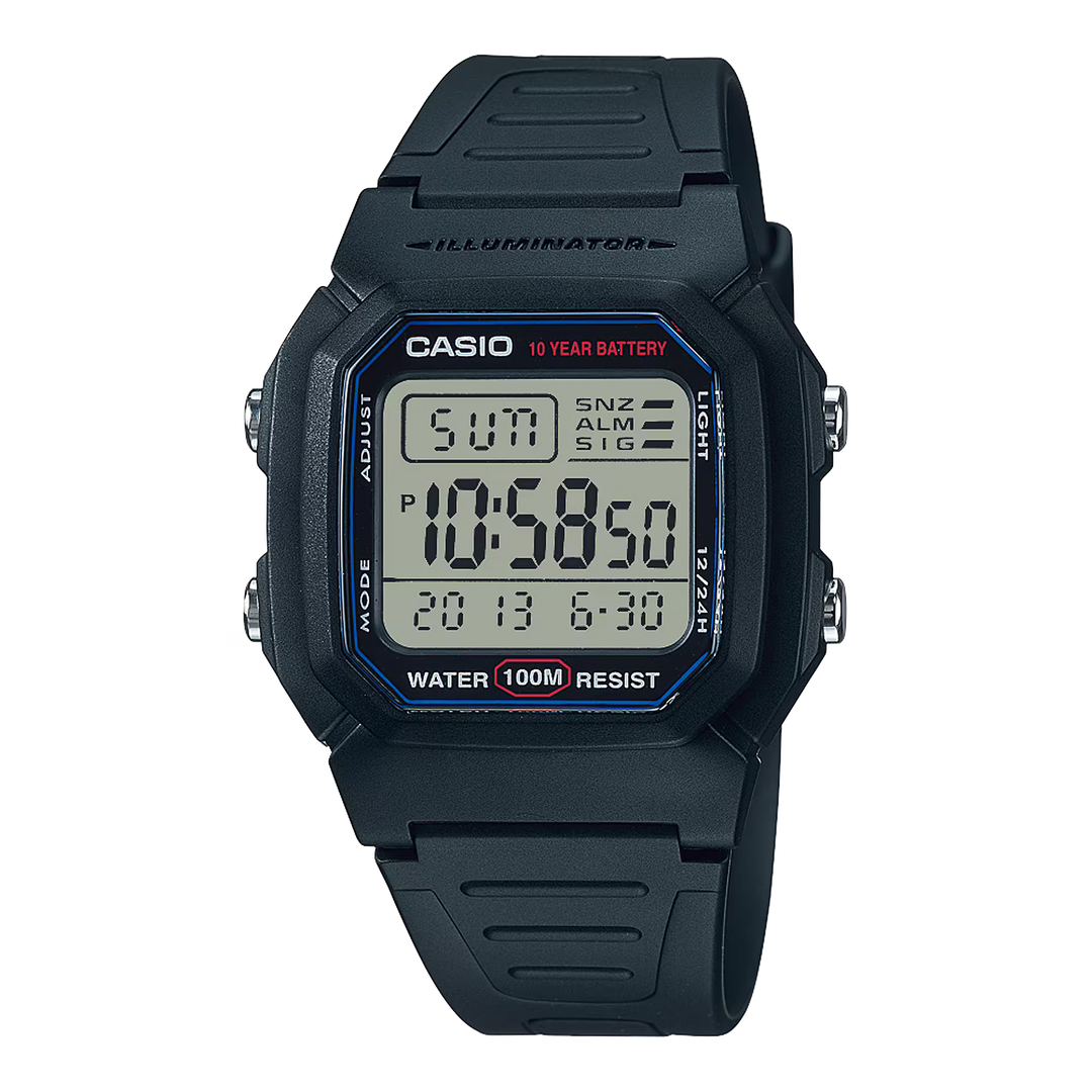 Casio digital watch with a ten-year battery.