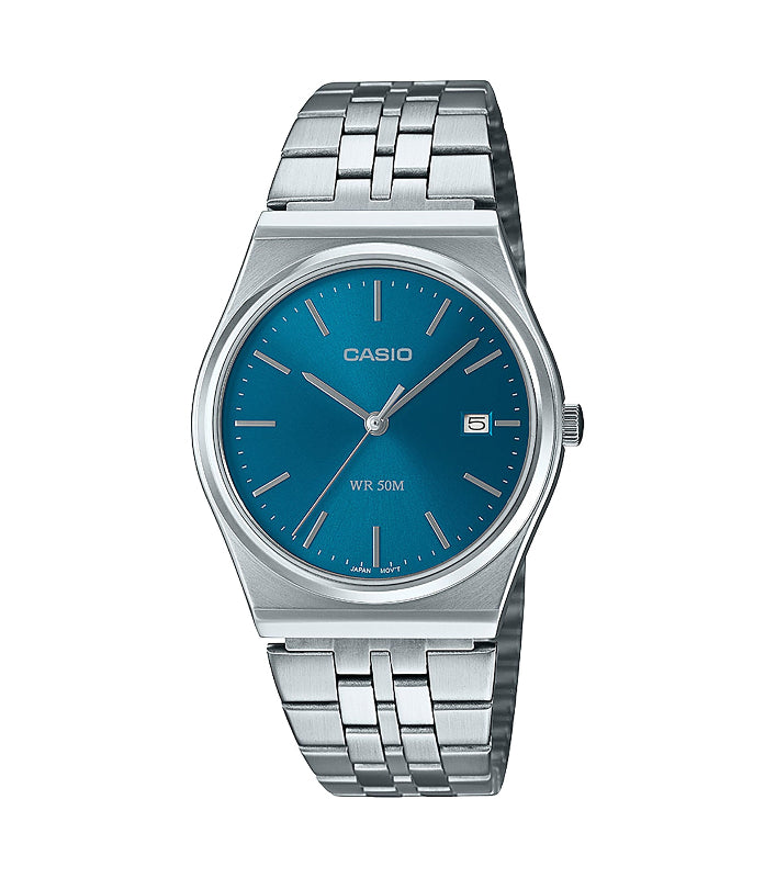 Casio analogue watch with teal blue dial and stainless steel bracelet  - Carathea jewellers