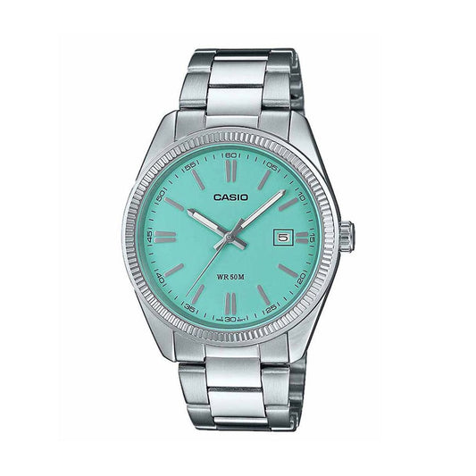 Mens Casio Stainless steel watch with turquoise dial - Carathea jewellers