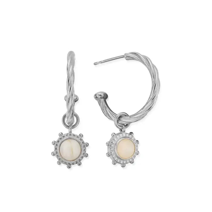 silver twisted hoop earrings with opal sun dangle charm | Carathea.