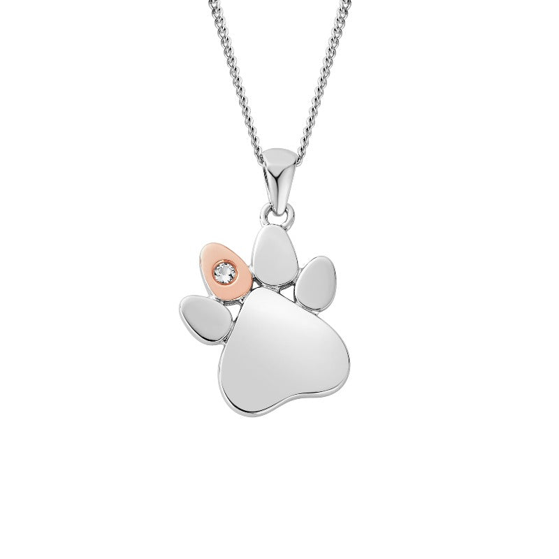Paw print necklace in silver and Welsh gold set with a white topaz - Carathea jewellers