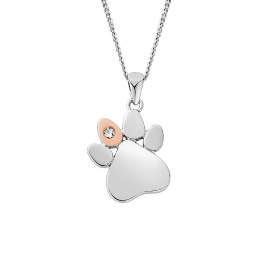 Paw print necklace in silver and Welsh gold set with a white topaz - Carathea jewellers