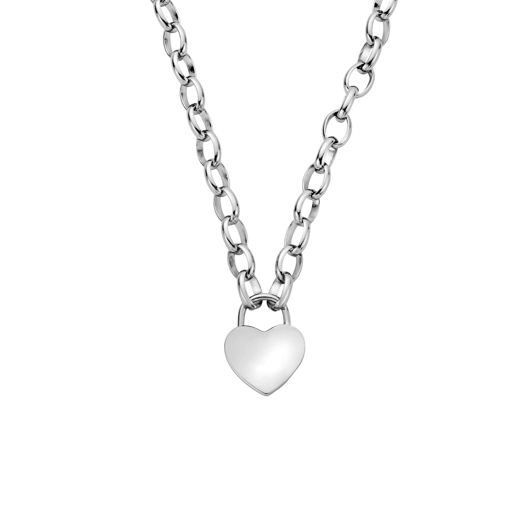 Silver padlock necklace with a rose gold heart pendant.