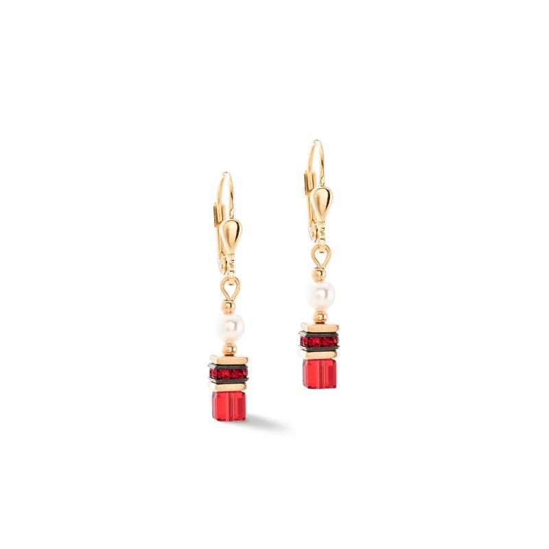 Red, gold and pearl drop earrings - Carathea jewellers