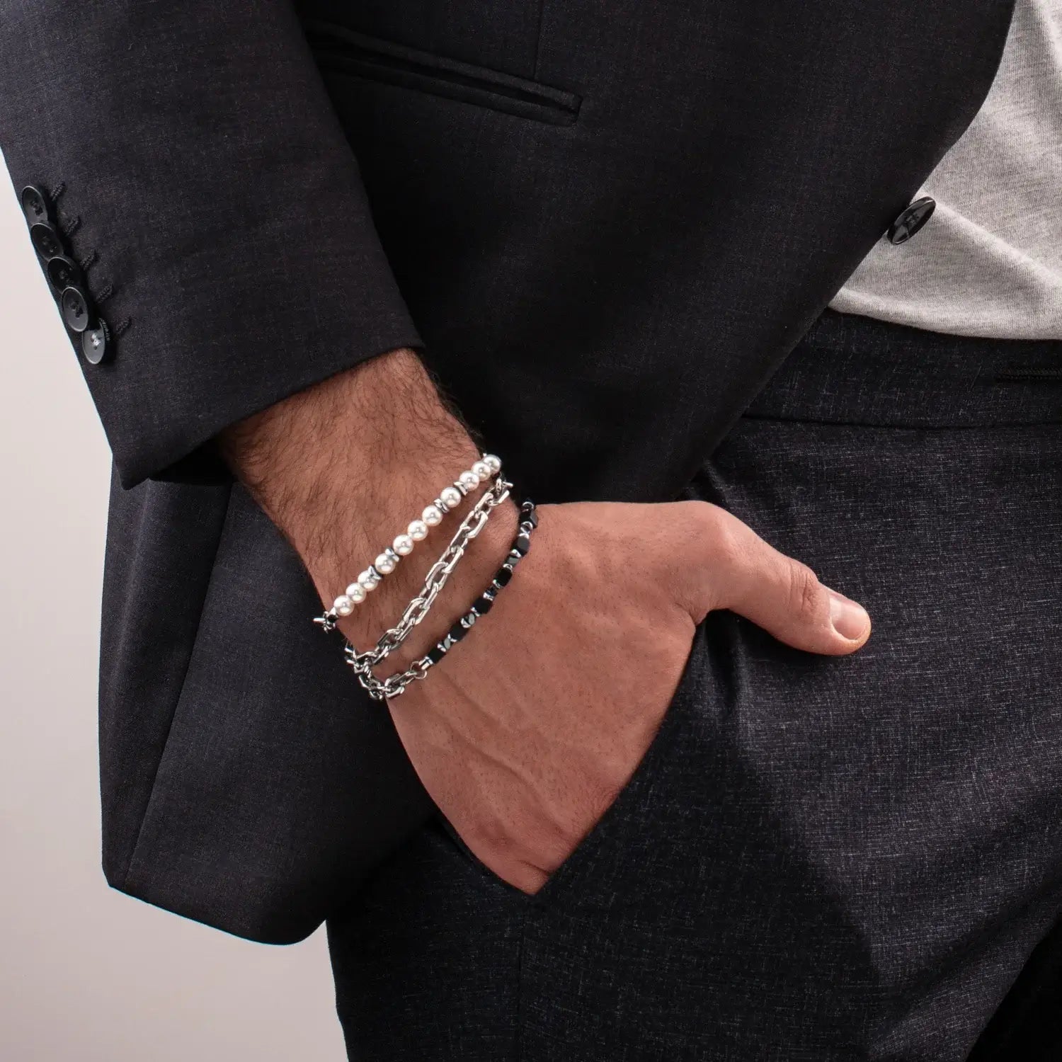 Coeur de Lion men's bracelet with links and crystal pearls - Carathea jewellers.