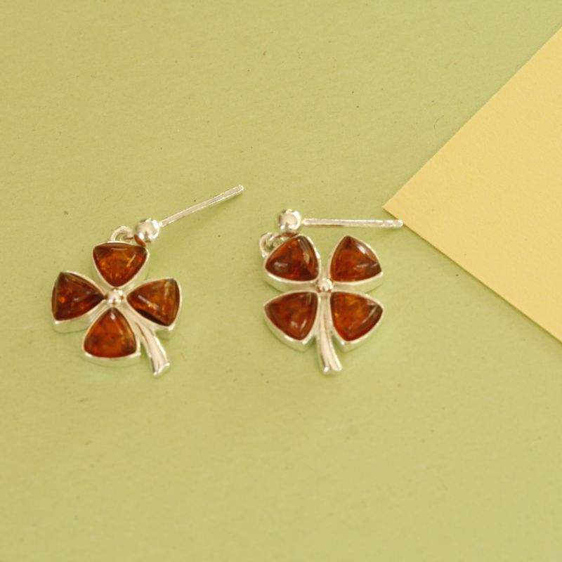 silver amber four-leaf clover drop earrings | Carathea