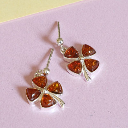 silver amber four-leaf clover drop earrings | Carathea