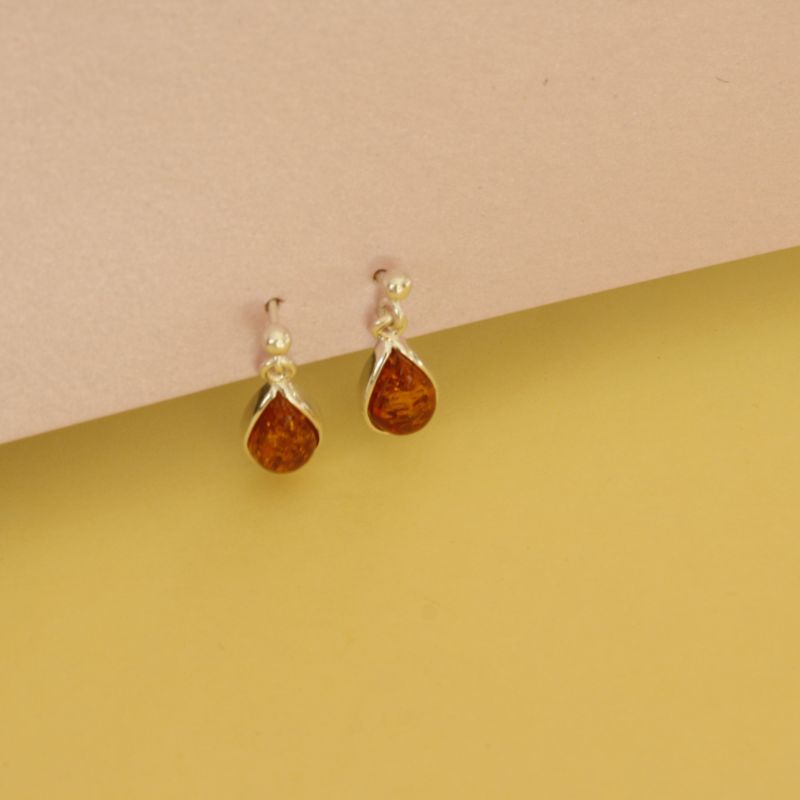 silver teardrop drop earrings with amber | Carathea