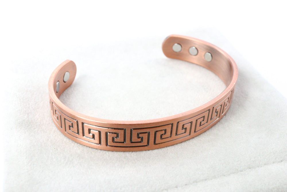 Copper Magnetic Bangle with Greek Key Pattern and Six Magnets