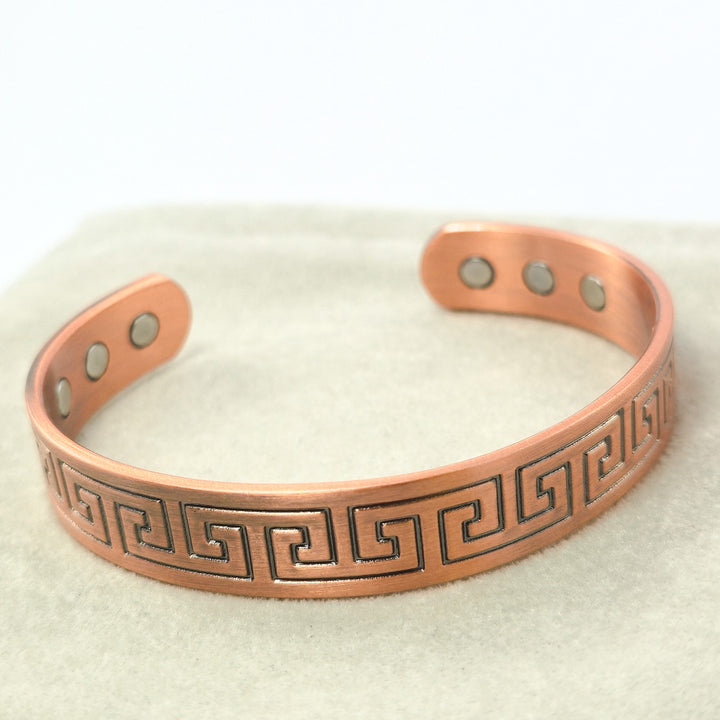 Copper Magnetic Bangle with Greek Key Pattern and Six Magnets