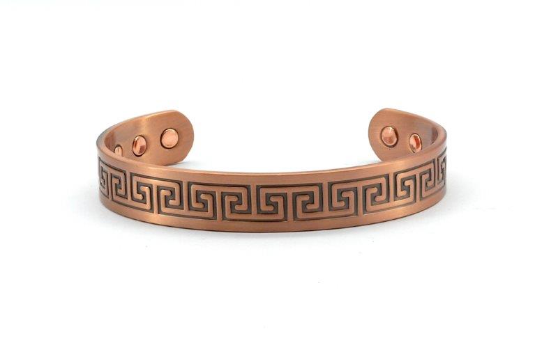 Copper Magnetic Bangle with Greek Key Pattern and Six Magnets
