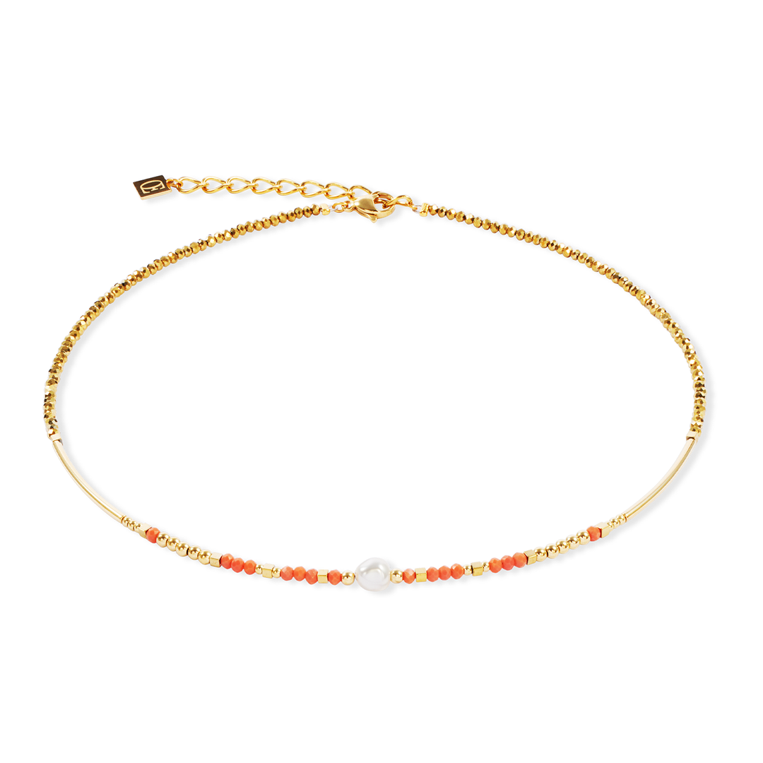 ladies coral orange and gold necklace with crystal pearl - Carathea jewellers