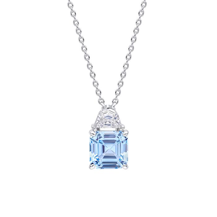 Aquamarine square pendant with a clear zirconia accent.