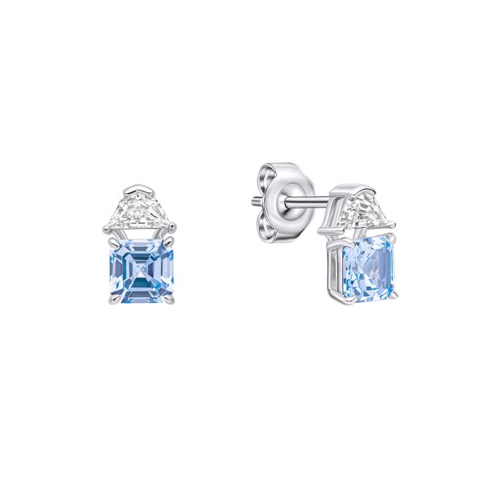 Aquamarine stud earrings with a small clear stone accent.