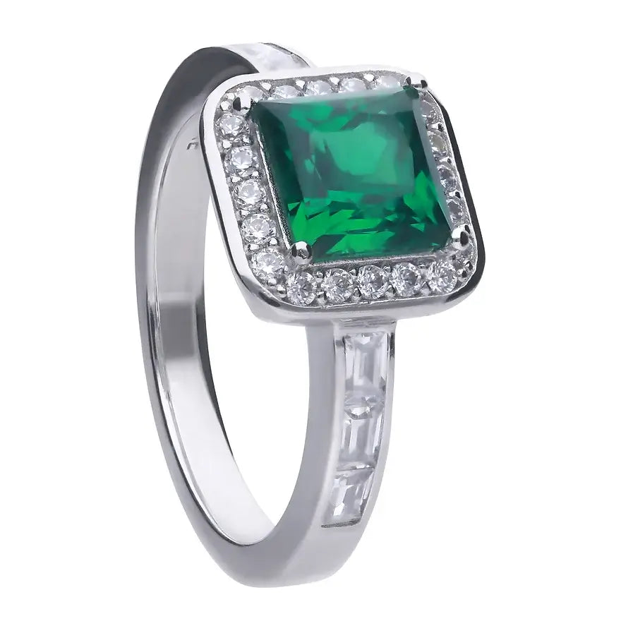 Emerlad green square zirconia ring in silver - Carathea jewellers