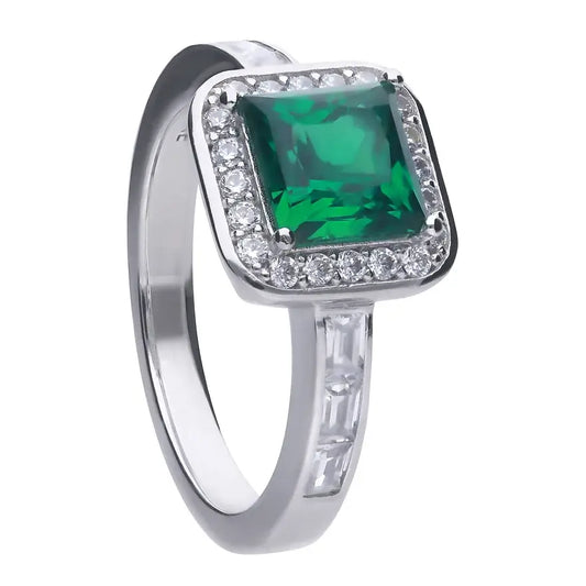 Emerlad green square zirconia ring in silver - Carathea jewellers