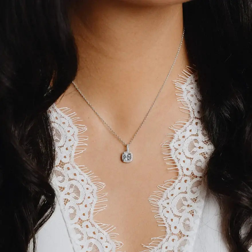 Diamonfire Square Pave Solitaire Zirconia Pendant with Halo