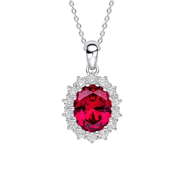 Red zirconia pendant with a halo of clear zirconia on a silver chain.