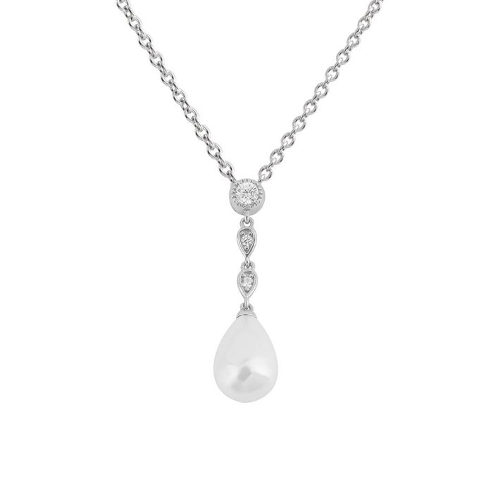 silver shell pearl and zironia drop pendant - Carathea jewellers
