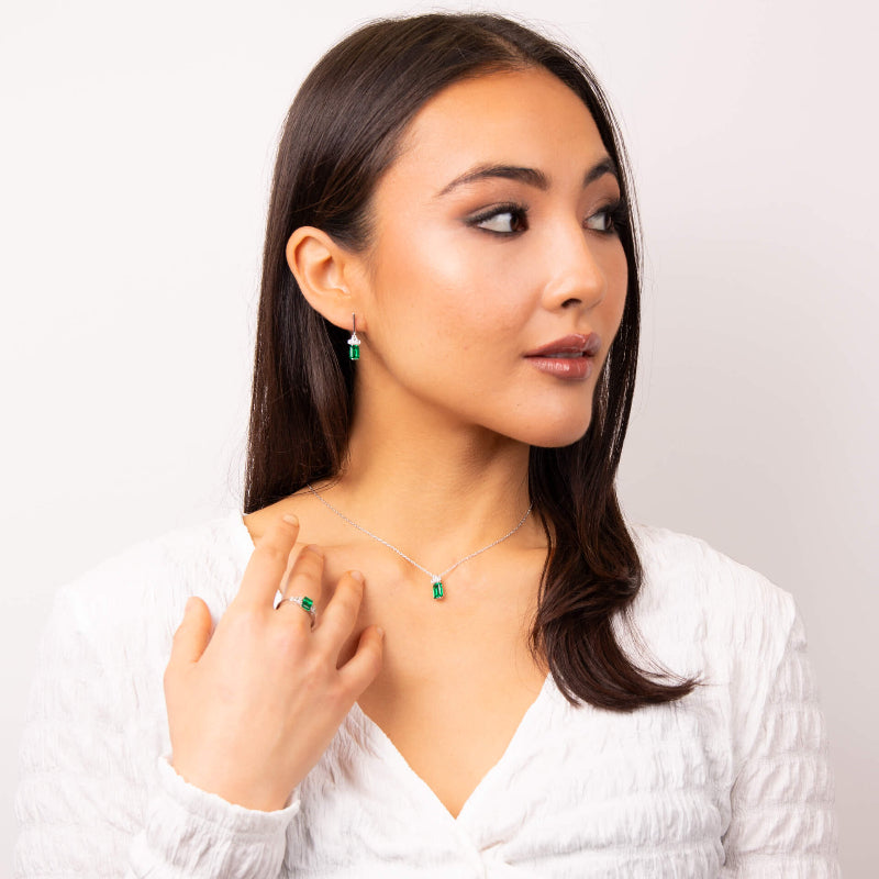 Ladies emerald-cut green and white silver and zirconia ring - Carathea & Jools