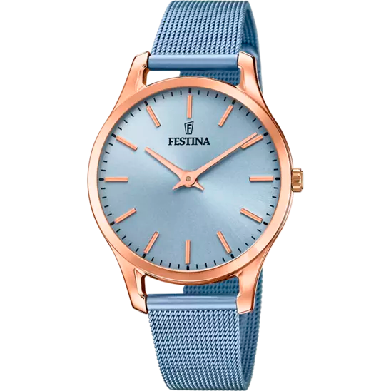 Ladies Festina watch blue dial and mesh strap rose gold - Carathea jewellers