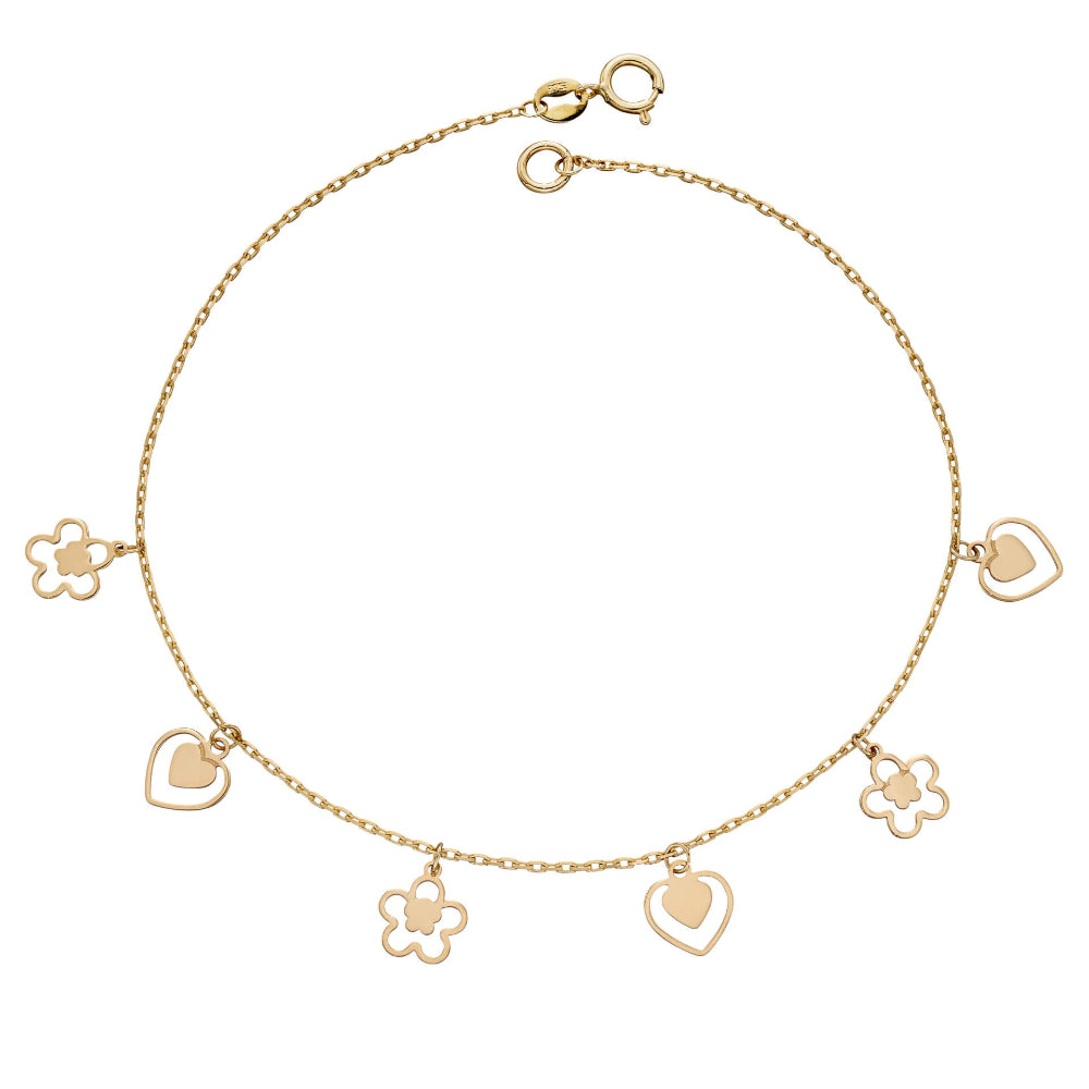 9ct yellow gold charm bracelet with heart and flower charms, shown in full.