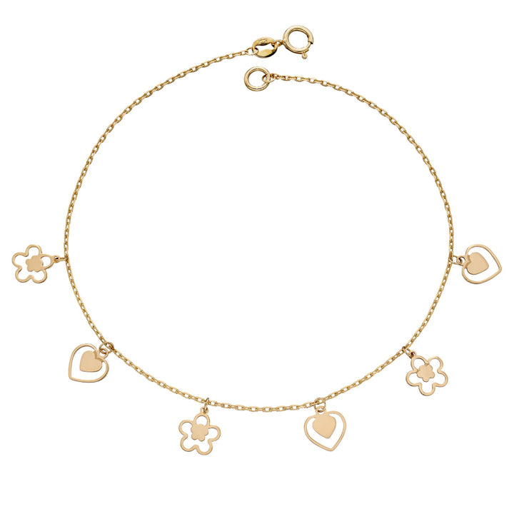 9ct yellow gold charm bracelet with heart and flower charms, shown in full.