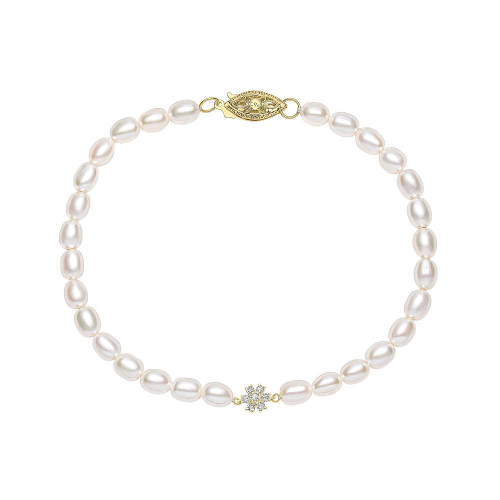 9ct yellow gold bracelet of small white seed pearls with a diamond-set gold flower, shown in full.