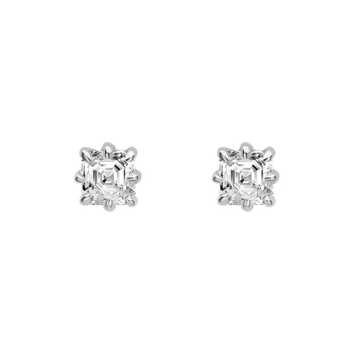 asscher cut diamond stud earrings on white background