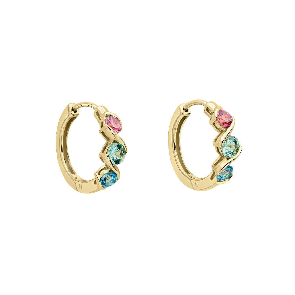 9ct yellow gold hoop earrings, each with a pink tourmaline, green sapphire and London blue topaz in a twisting gold band.