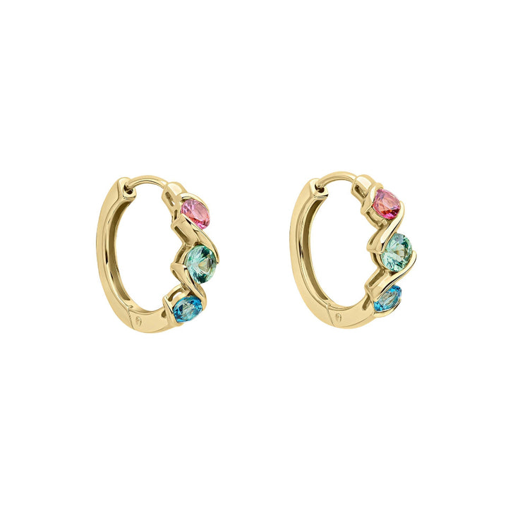 9ct yellow gold hoop earrings, each with a pink tourmaline, green sapphire and London blue topaz in a twisting gold band.