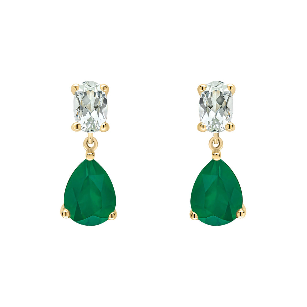 9ct yellow gold Toi et Moi drop earrings with a pale oval green amethyst above a pear-shaped green onyx drop.