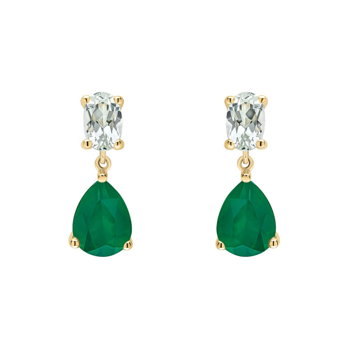 9ct yellow gold Toi et Moi drop earrings with a pale oval green amethyst above a pear-shaped green onyx drop.