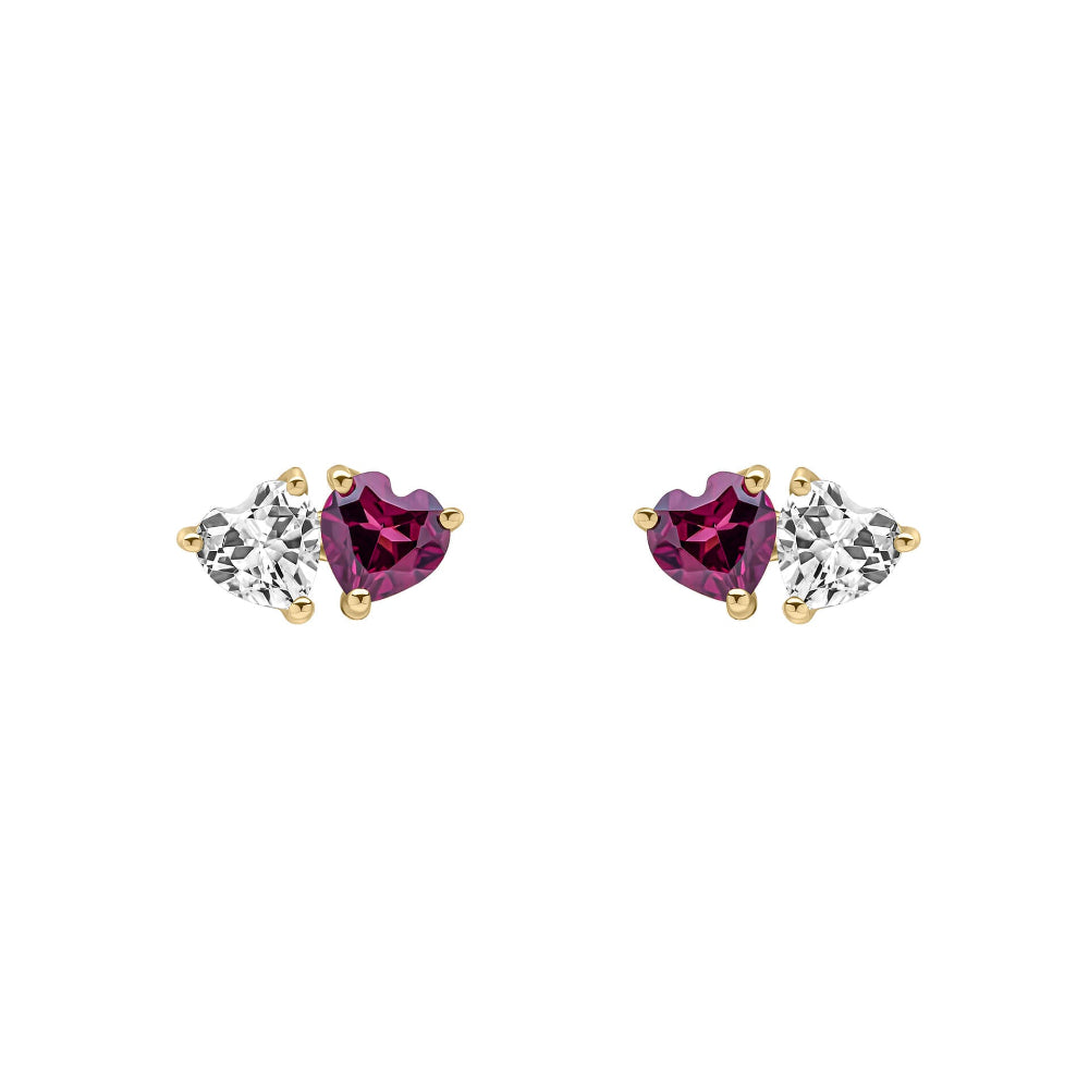 9ct yellow gold Toi et Moi stud earrings, each with a white topaz heart beside a deep pink-red rhodolite garnet heart.