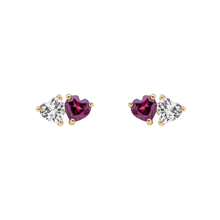 9ct yellow gold Toi et Moi stud earrings, each with a white topaz heart beside a deep pink-red rhodolite garnet heart.