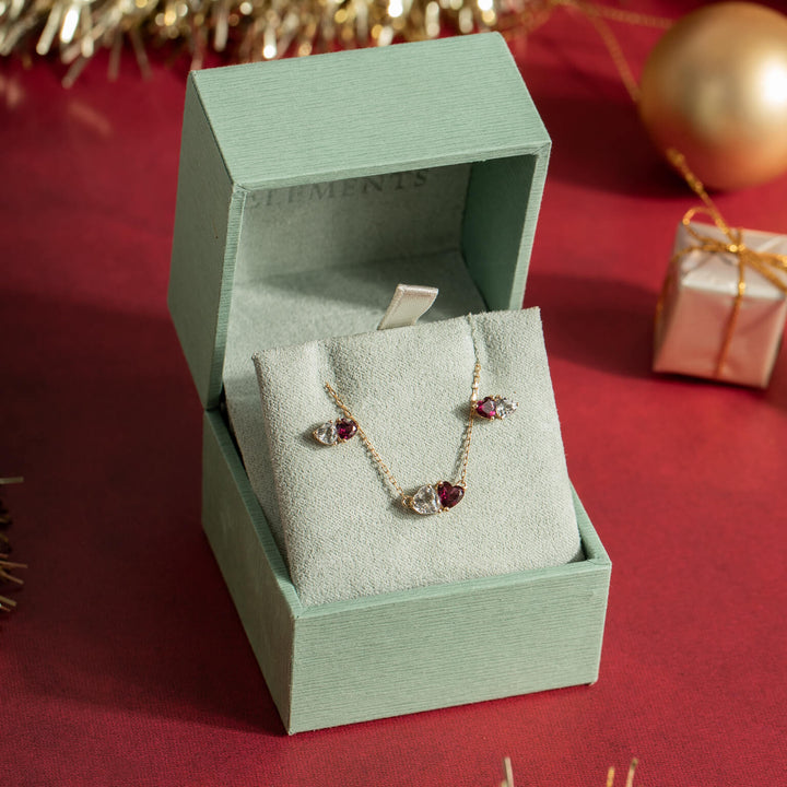 9ct Gold Toi et Moi Heart Necklace with Rhodolite Garnet & Topaz
