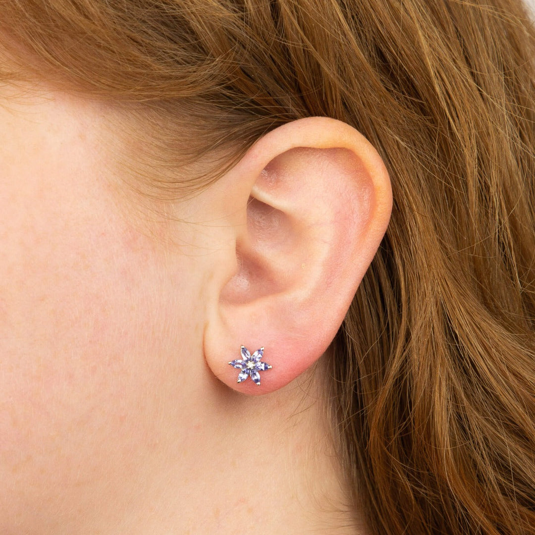9ct white gold tanzanite & diamond flower stud earrings | Carathea & Jools