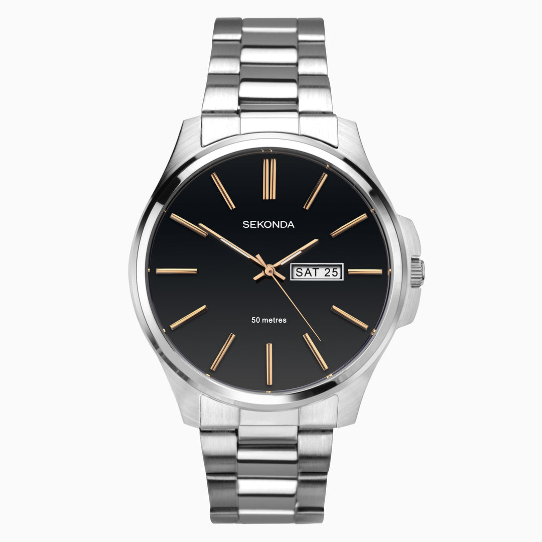Sekonda Classic Watch with black dial and rose gold batons.