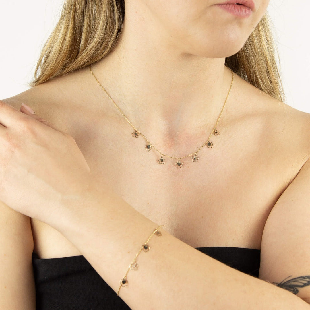 9ct Gold Heart and Flower Charm Bracelet