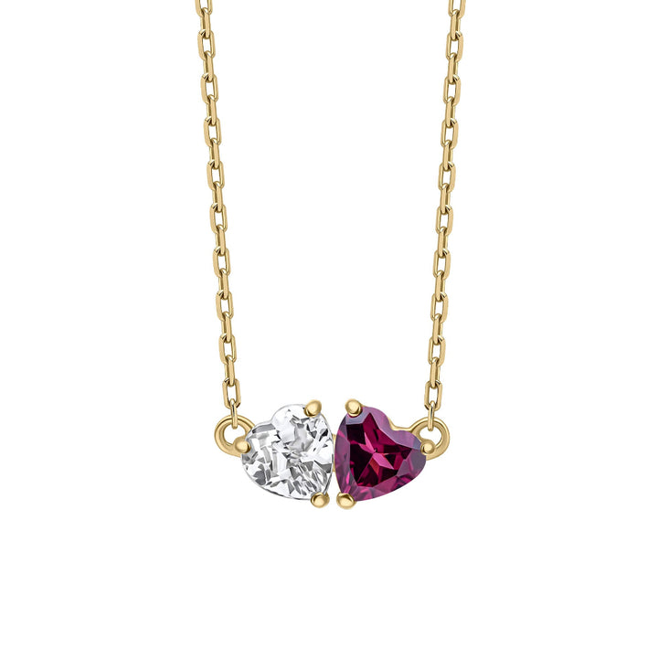 9ct yellow gold Toi et Moi necklace with a white topaz heart and a deep pink-red rhodolite garnet heart side by side.