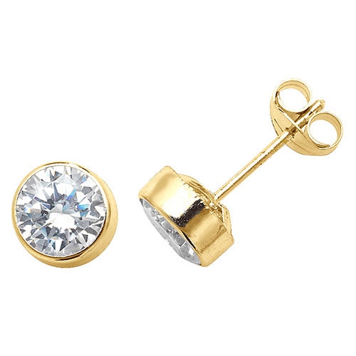 9ct Gold Round 6 mm CZ Solitaire Rubover Stud Earrings