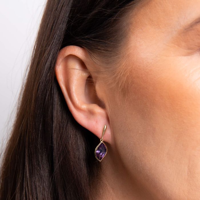 9ct Gold Amethyst Flame Drop Earrings
