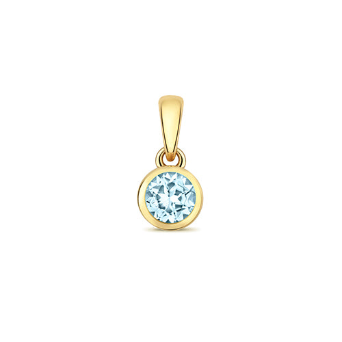 9ct gold aqua round pendant in rubover seeting - Carathea & Jools.