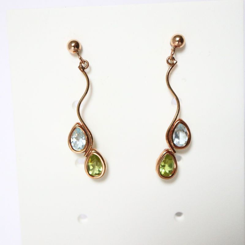 gold drop earrings with blue topaz and peridot - Carathea jewellers