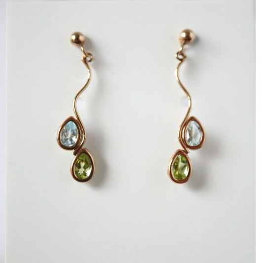 gold drop earrings with blue topaz and peridot - Carathea jewellers