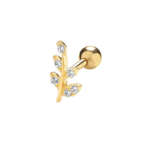 9ct Gold Single Cartilage CZ Leaves Stud Earring