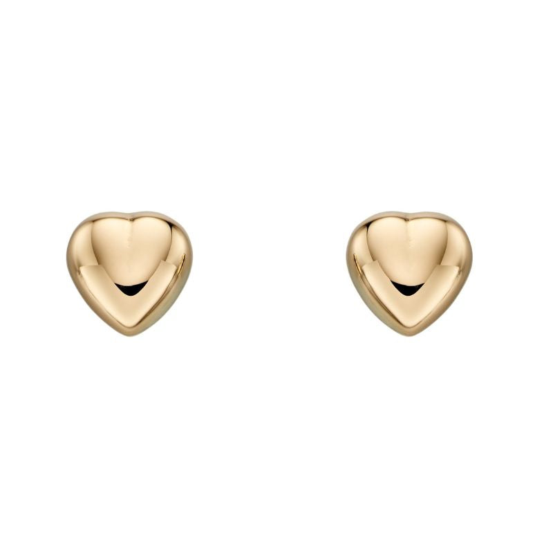 These are small, nine-carat yellow gold heart-shaped stud earrings, approximately six millimeters in size, suitable for single or multiple piercings.