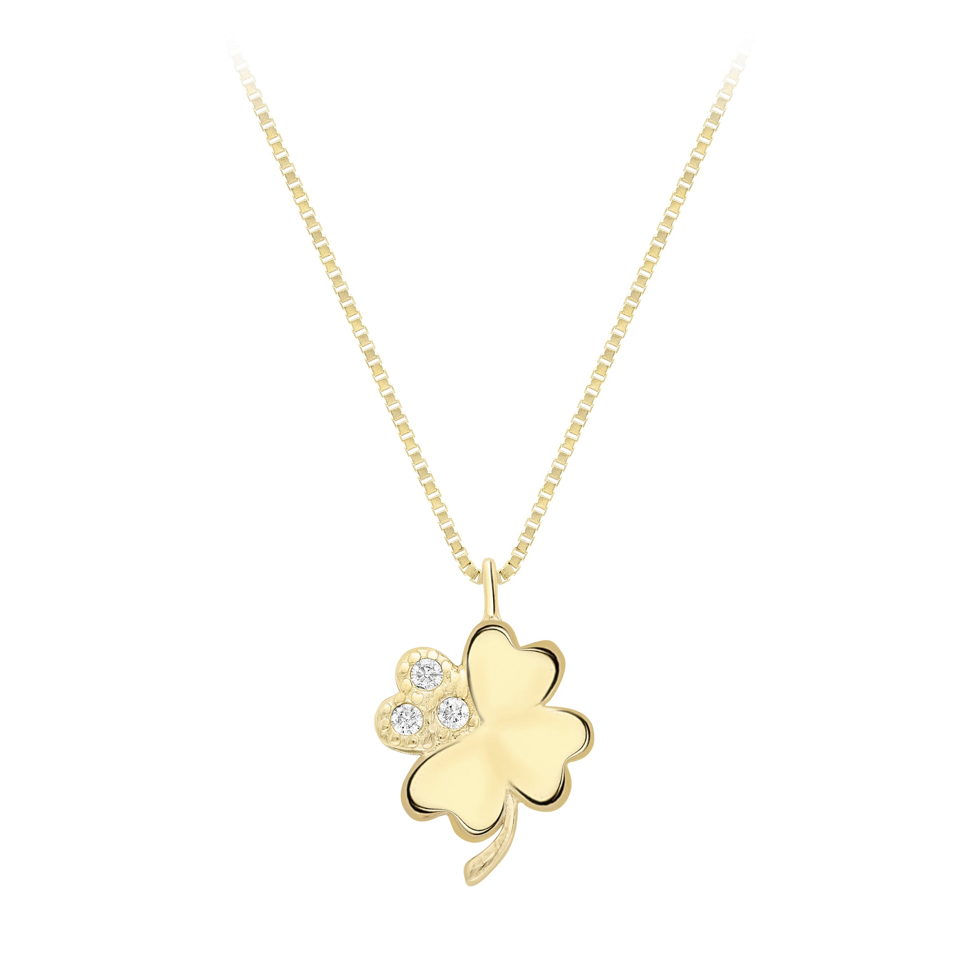 Gold and Cubic Zirconia Four Leaf Clover Pendant and Chain